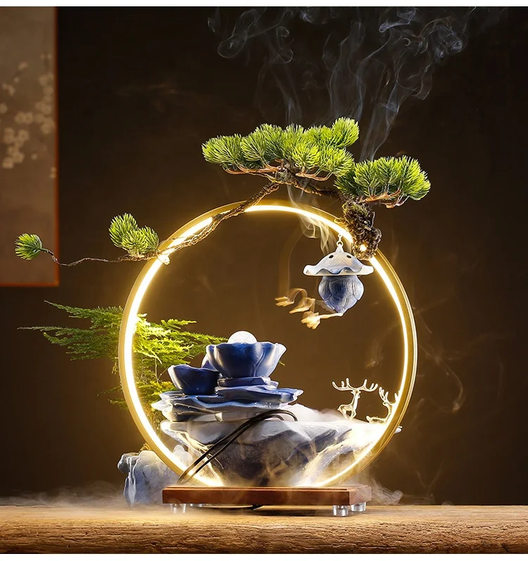 High Quality Home Decor Mini Fengshui Tabletop Water Fountain Smoke Ceramics Waterfall Water Fountain With Light Incense Burner