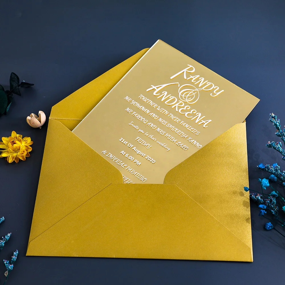 Manufacturer High Grade Clear Gold Mirror Yellow Marriage Wedding Invitation Card In Acrylic
