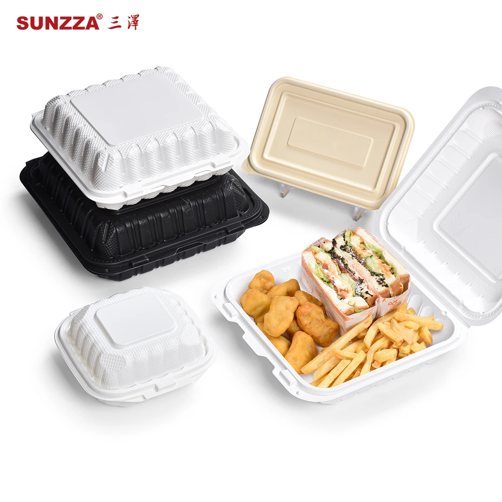 Sunzza ecofriendly Hinged takeout fast food package box biodegradable disposable compartment multifunction bento lunch container