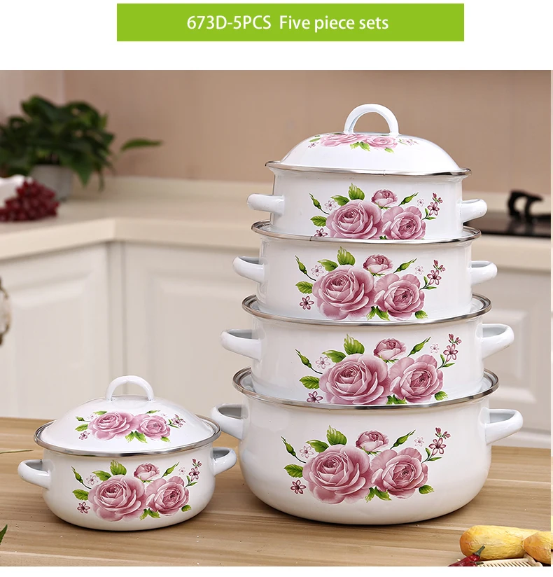 High quality cooks tradition enamel camping pot 5 Pcs Enamel Pot Sets with Decal Flower Cover