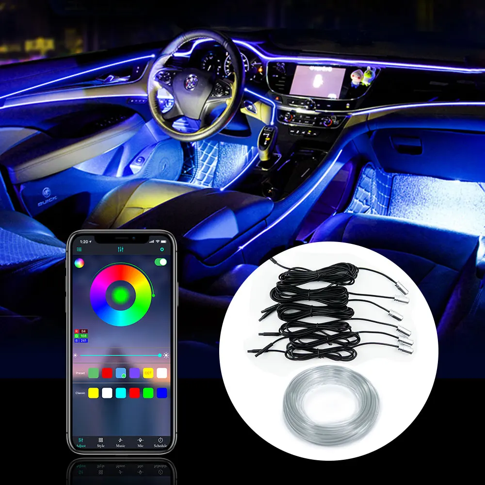 Free shipping US car interior led lights strip music sync chasing color car atmosphere light RGB 6 sources fiber optic light