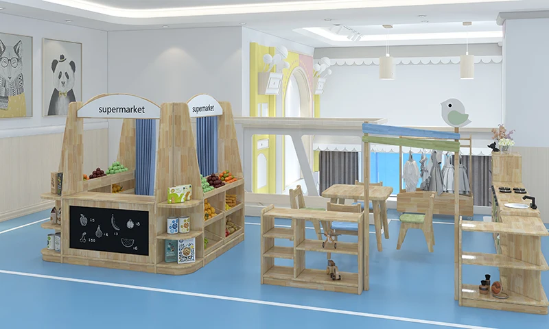 Kindergarten art area solid wood furniture baby learning interactive multifunctional combination table and chair
