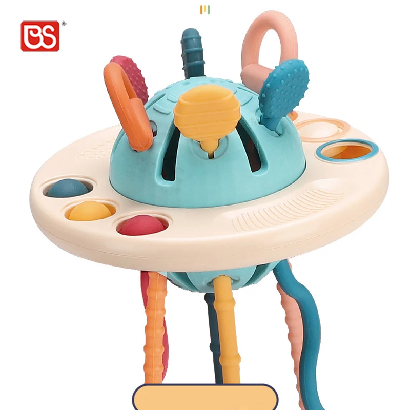 BS Toy Toddler Learning Sensory Development Silicone Pull Flying Saucer Shape String Music Other Baby Teether Toy For Sale