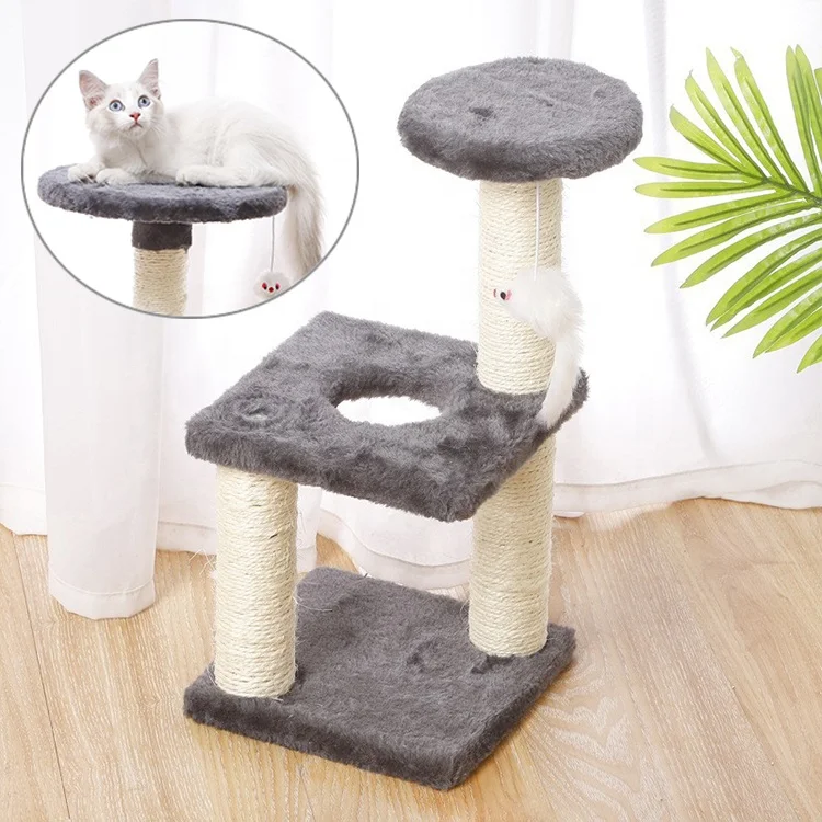 Multi-Level  Faux Fur Hemp Rope Sisal Wooden Cat Tree With Playing Mouse Toy