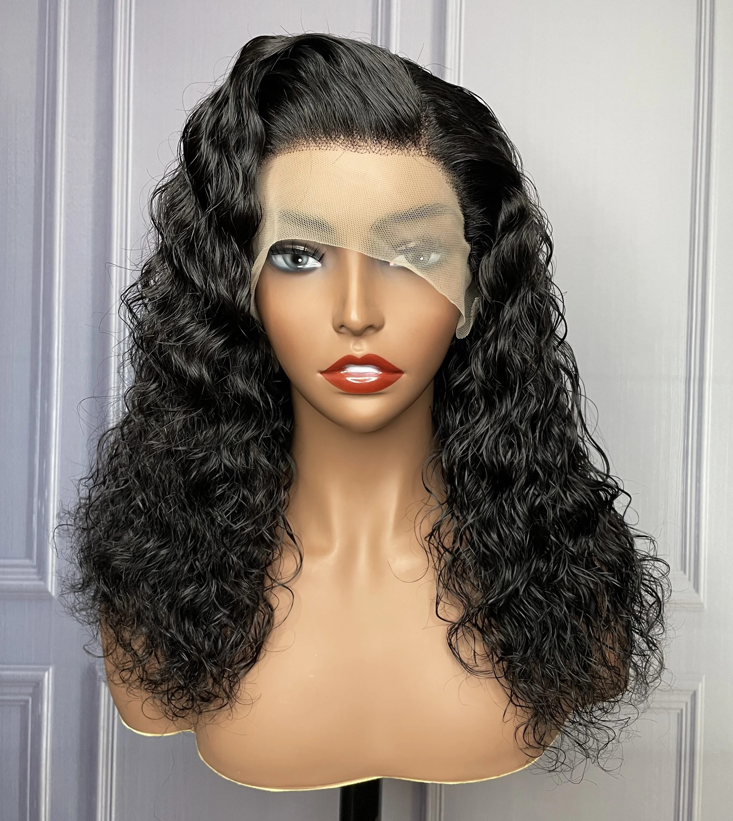 Mayqueen10a HD Natural Color Water Weave Deep Curly Bob Wig Raw Indian Full Cuticle Mink Human Hair Frontal Lace Wigs With Bang