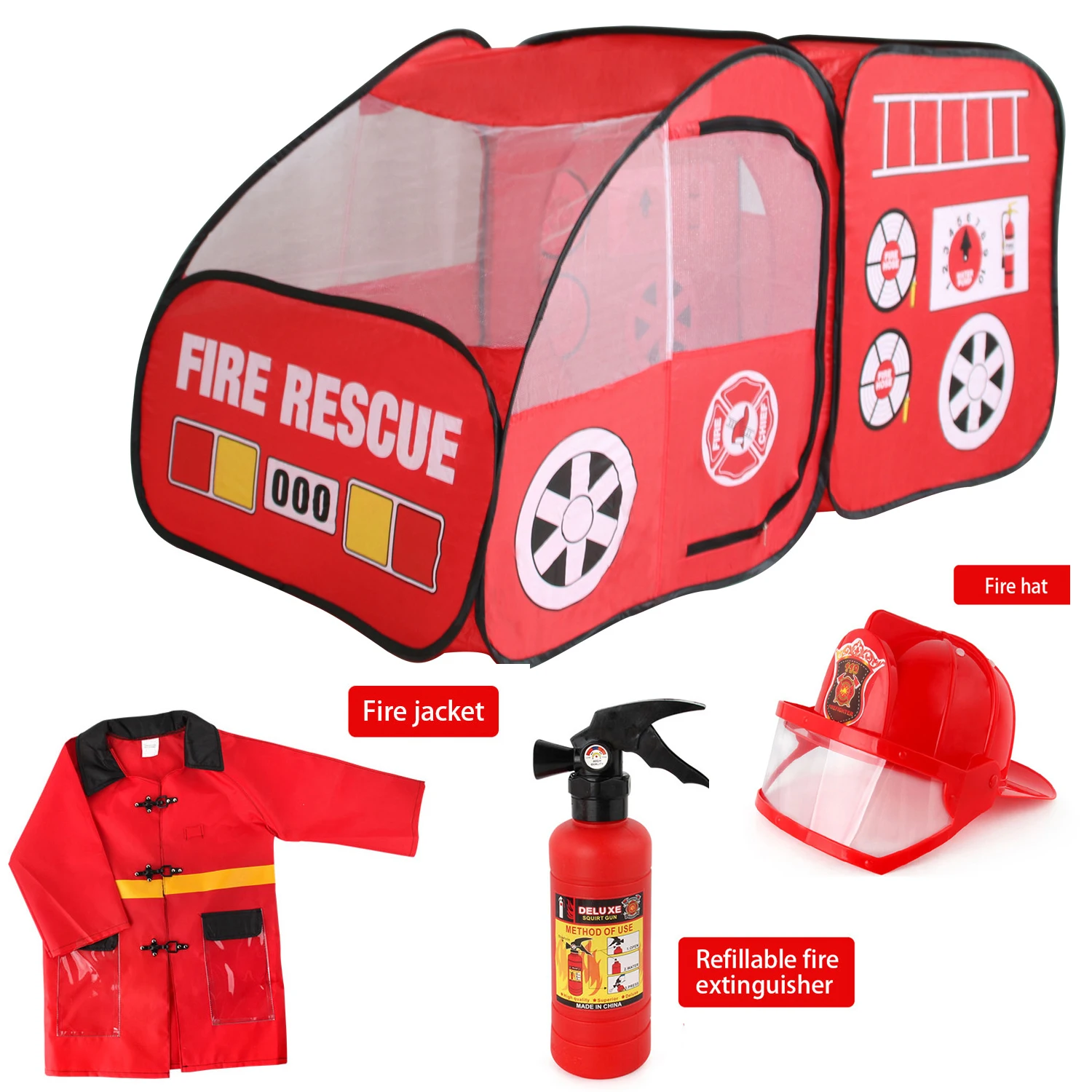 Fire Truck Pop Up Play Tent with Firefighter Costume Hat Fire Tools for Kids Role Play fireman cosplay Red Fire Engine Playhouse