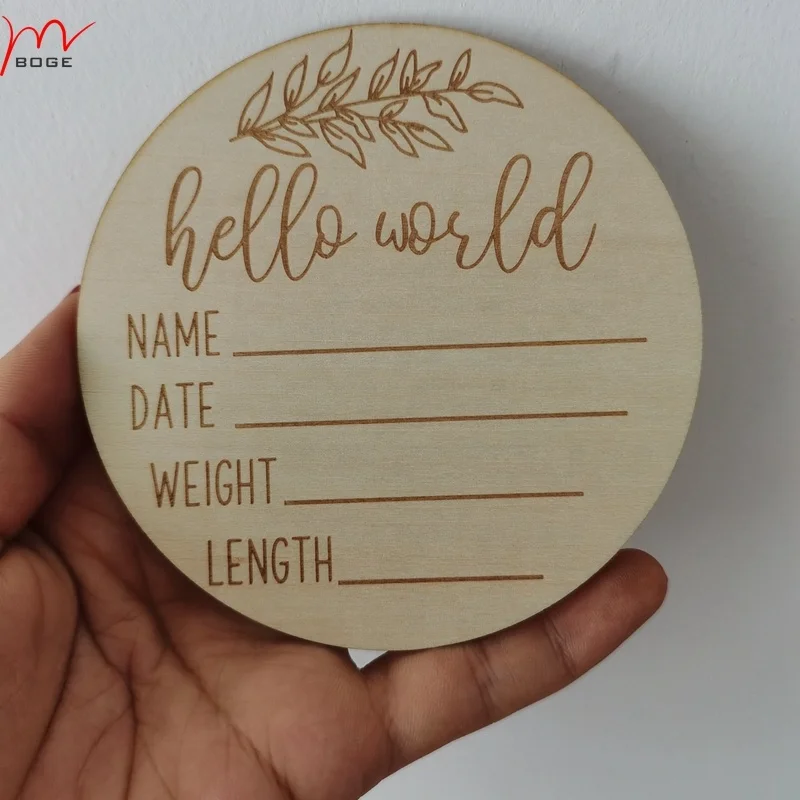 Hello World Birth Announcement Sign Modern Wood Engraved Round Plaque Baby Milestones Card