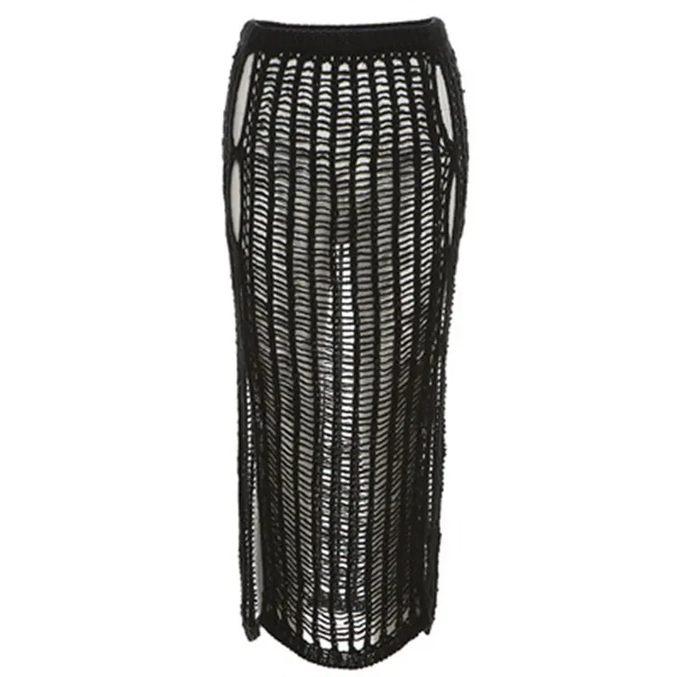 W21J01734 Solid Breathable Hollow Out See Through Mesh Maxi Skirt Dresse long Women Skirts