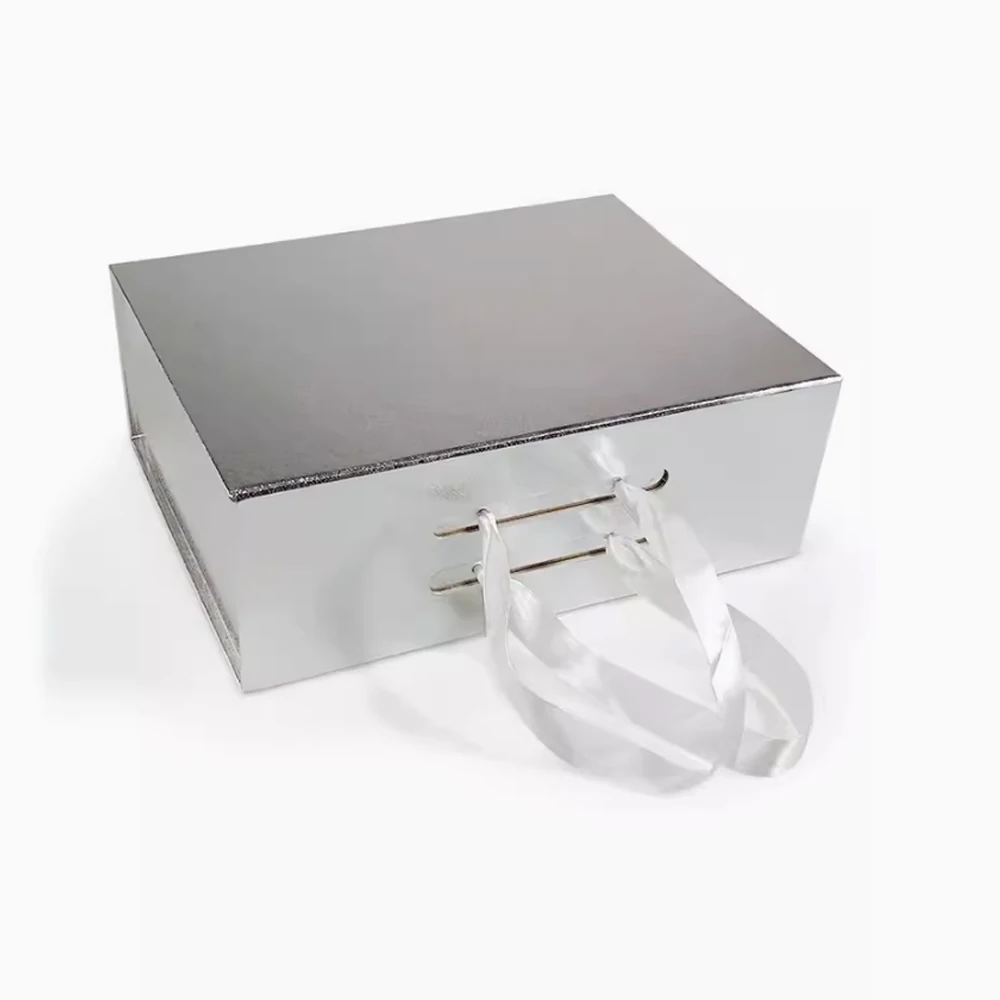 Wholesale Luxury Customized Wedding Dress Packaging Paper Box Silver Large Rigid Cardboard Gift Packaging Box with Handle Accept