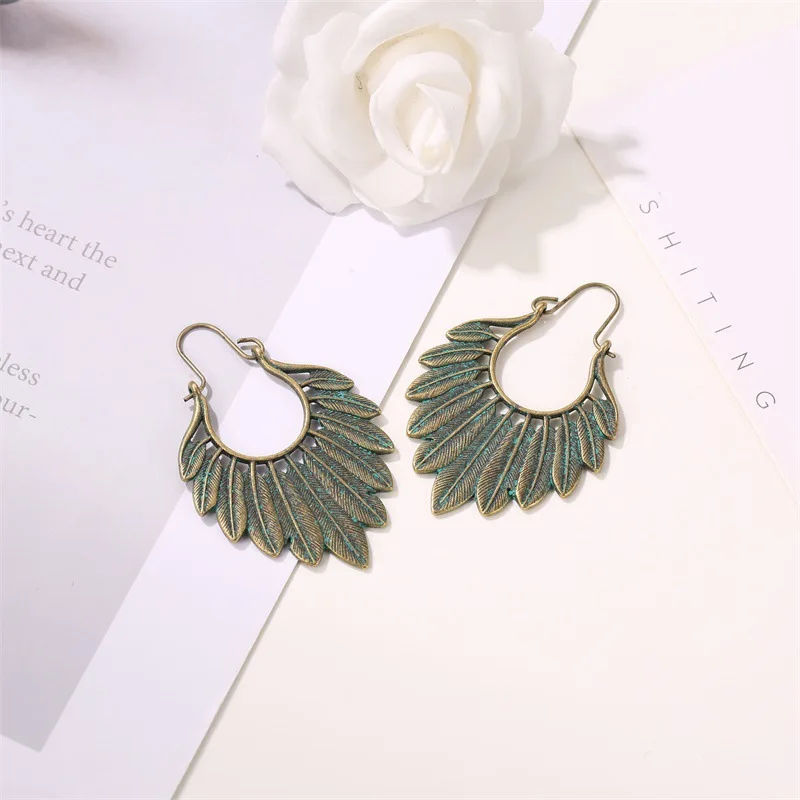 Metal Leaf Hoop Earrings Boho Tribal Rustic Aqua Feather Statement Earrings Bronze and Turquoise Jewelry