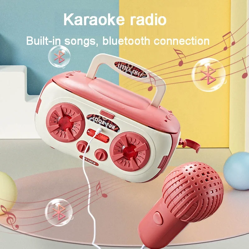 Multi-function 2 in 1 Karaoke Machine Stereo Microphone Mini Kids Pretend Play Kitchen Toys Cooking Set with Mobile