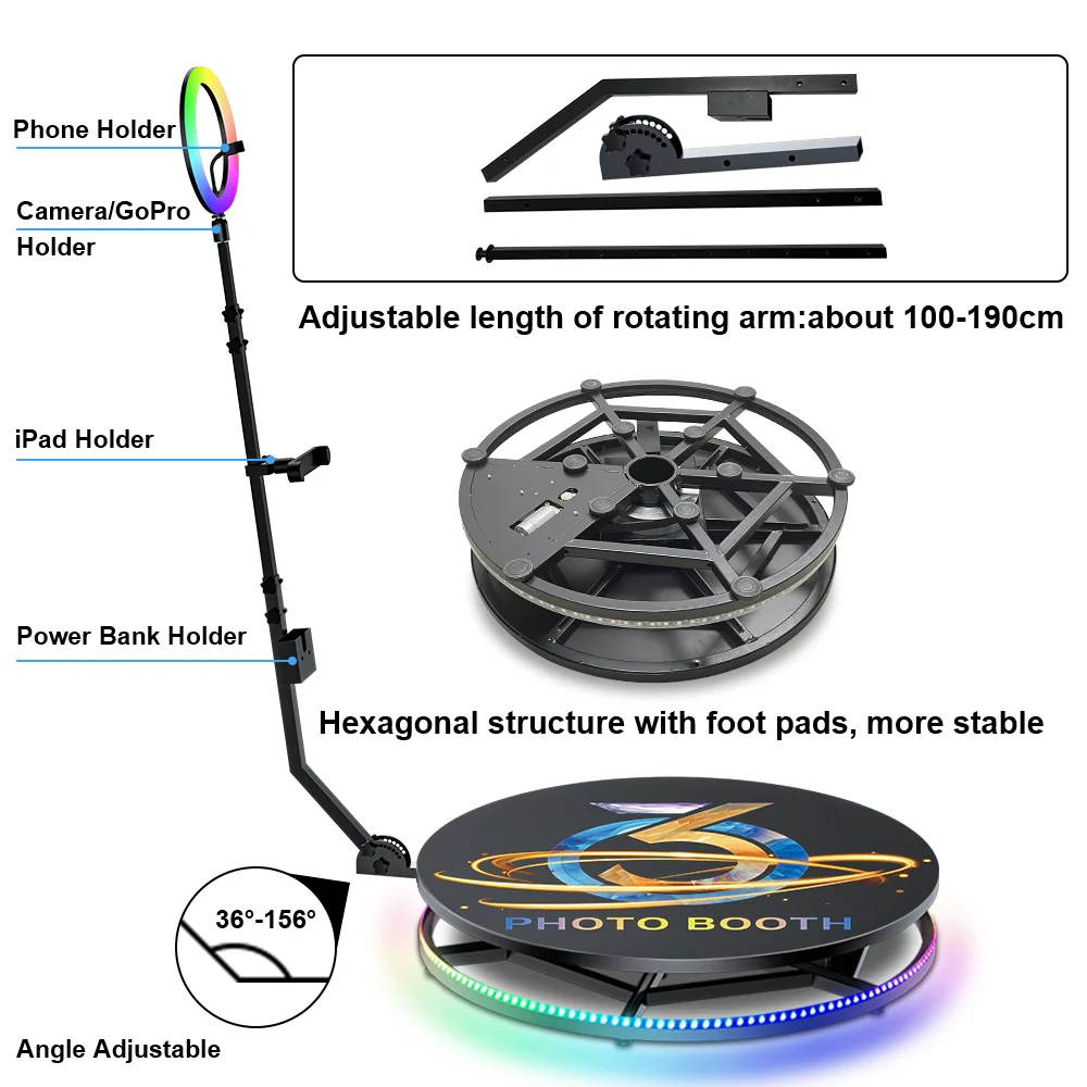 adjustable cabina video 360  selfie 360 photo booth automatic photo 360 booth  with flight case