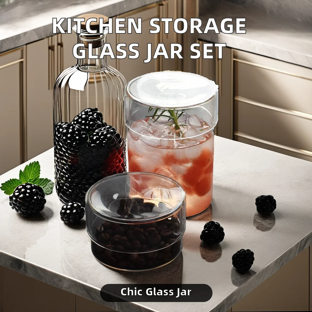 Modern Home Organization Glass Dry Fruits and Cookie Stash Jar Canister Set Kitchen Pantry Storage Glass Jar with Cover