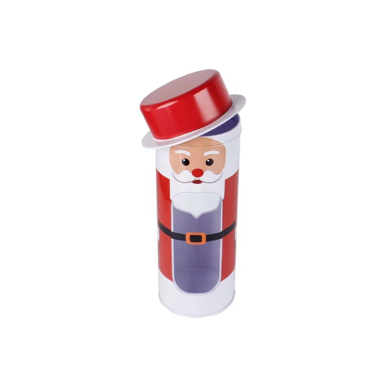 Christmas Season Santa Tin Box Round Tin Tube with Hat Lid and clear Window on Body for Chocolate & Candy Packaging