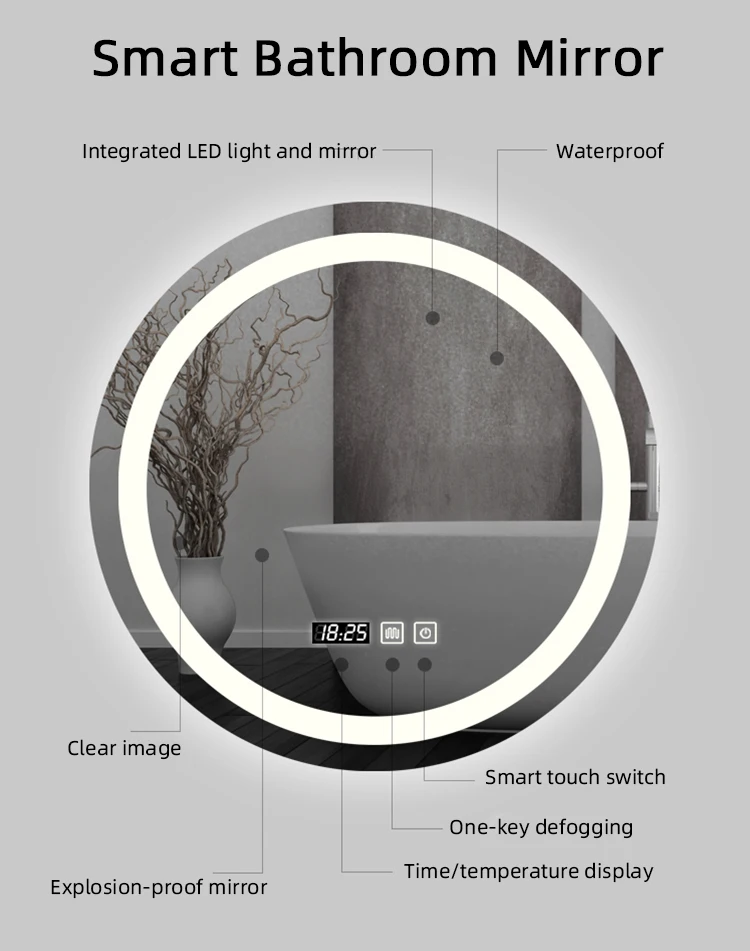 Wholesale Modern round led mirror wall mounted touch switch screen smart mirror for bathroom with mirror led light