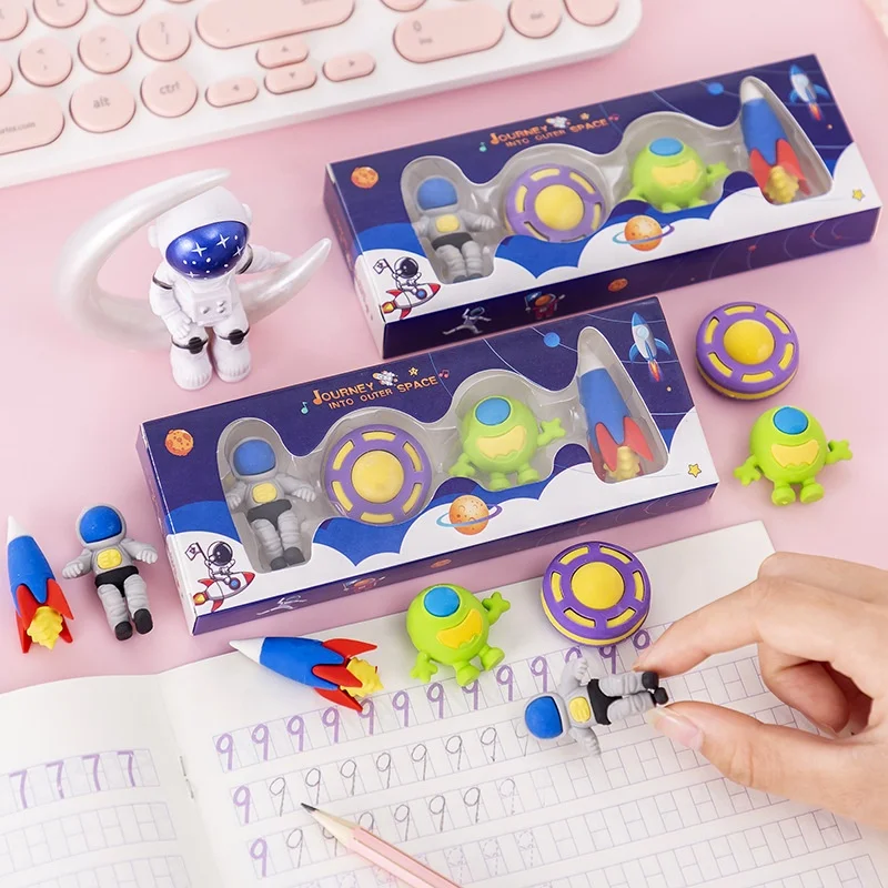 Creative school students boys cartoon 3D astronaut eraser stationery set