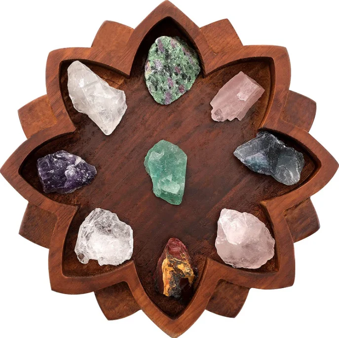 Wooden Lotus Crystal Tray Elegant Wood Crafts Box Wood Jewelry Plate Shelf Healing Crystal Organizer for Crystals and Stones