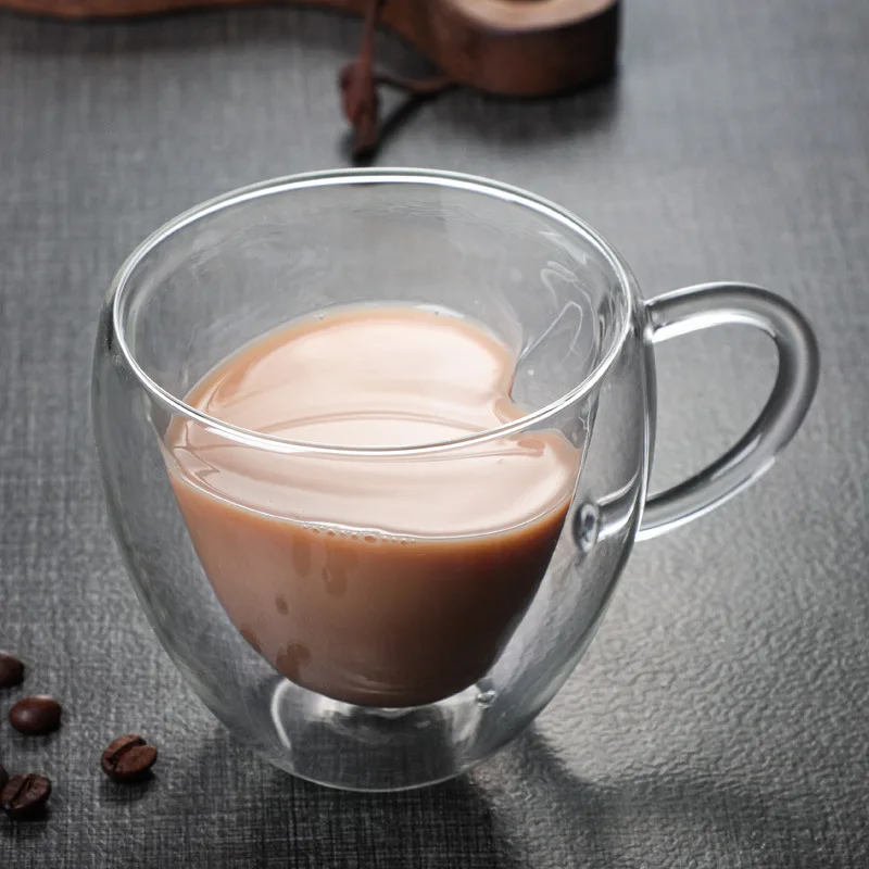 80ml 150ml 250ml 300ml Double Wall Glass Coffee Mugs Transparent Heart Shaped Milk Tea Cups With Handle Romantic Gifts