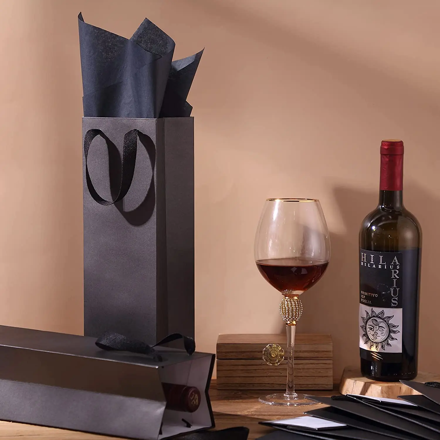 Wholesale luxury black champagne bag foldable rectangular gift paper bag wine paper bag with logo