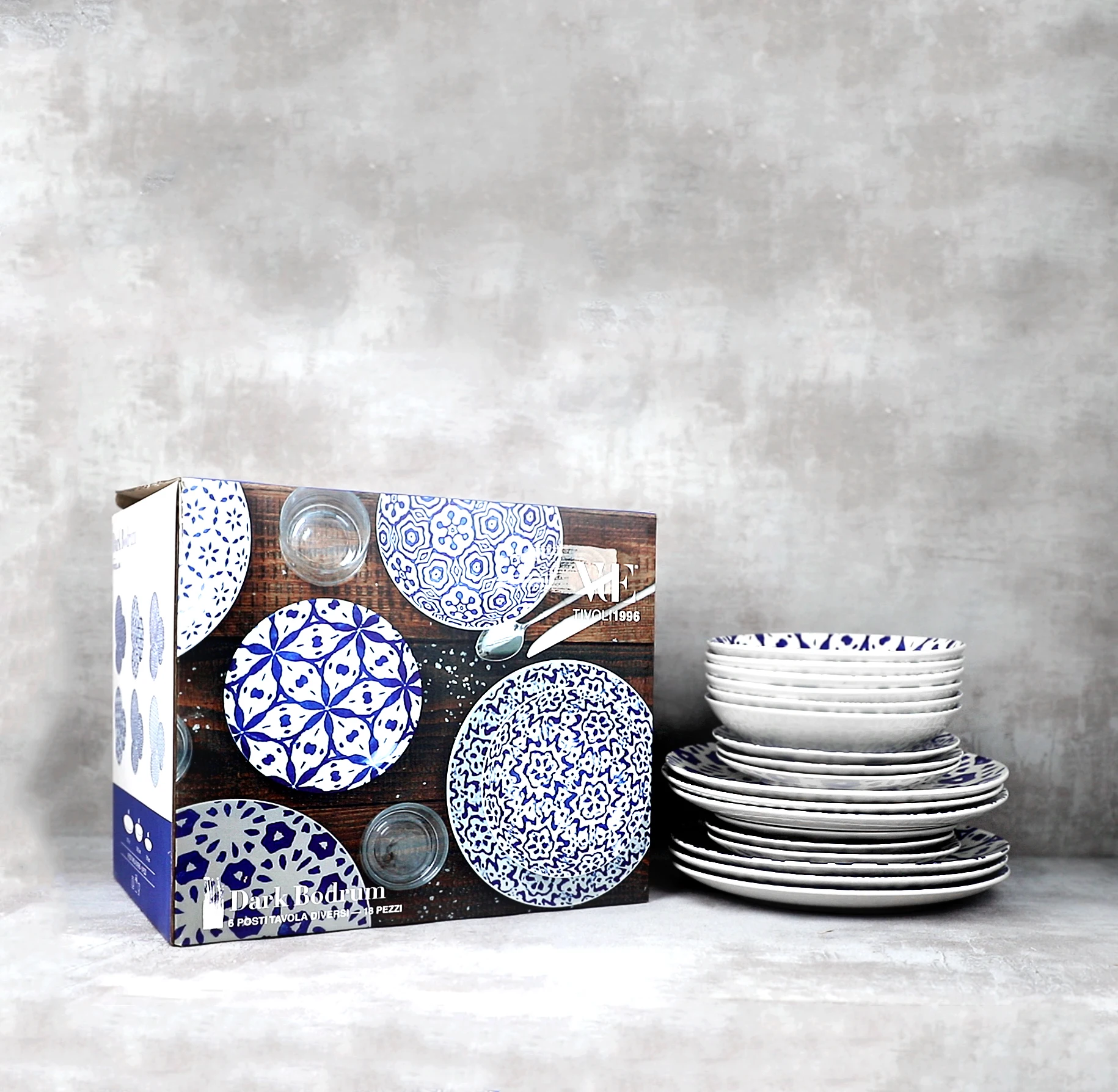 kitchen complete 18 pieces color box packing blue pad printing full design porcelain tableware ceramic dinnerware set for home