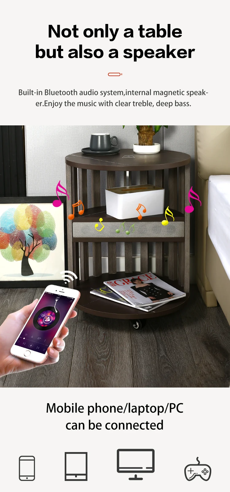 Fashionable Wooden Round Smart Coffee Table with Speaker Home Furniture Wireless Charger Mini Side Tea Table