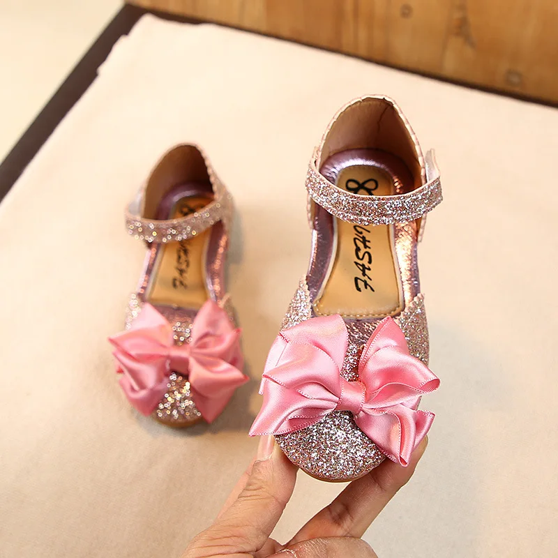  Wholesale new cute shining sequin bow knot princess flats shoes kids bling sandal casual dance for