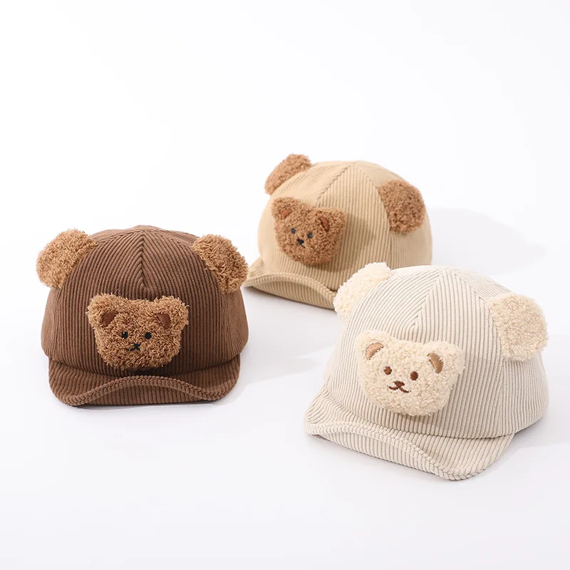 Новый дизайн зимняя детская шапка с милым мультяшным медведем осенне-зимняя Вельветовая теплая Кепка козырьком для девочек и
