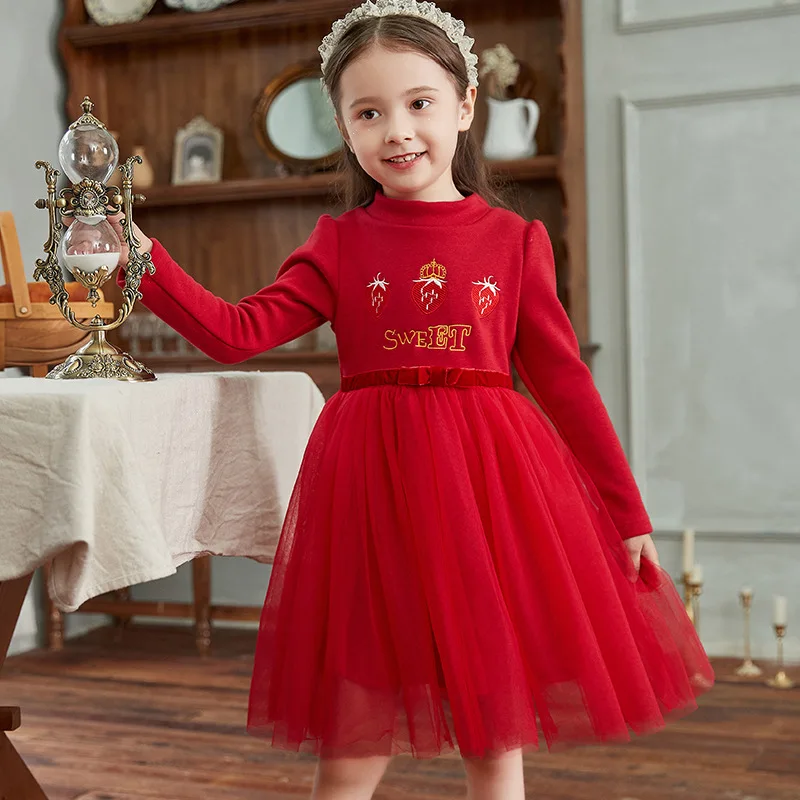 Children Clothing 2020 Cotton Fashion 2-9T Red Tulle Girls Autumn Dresses Long Sleeve For Girls
