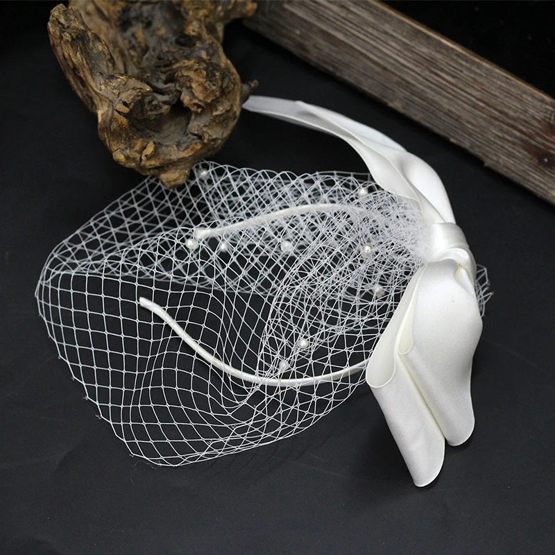 
BH1388 YIWU hera Vintage pearls short Face fishnet veil Bridal Wedding hair bow headband Party Accessories 