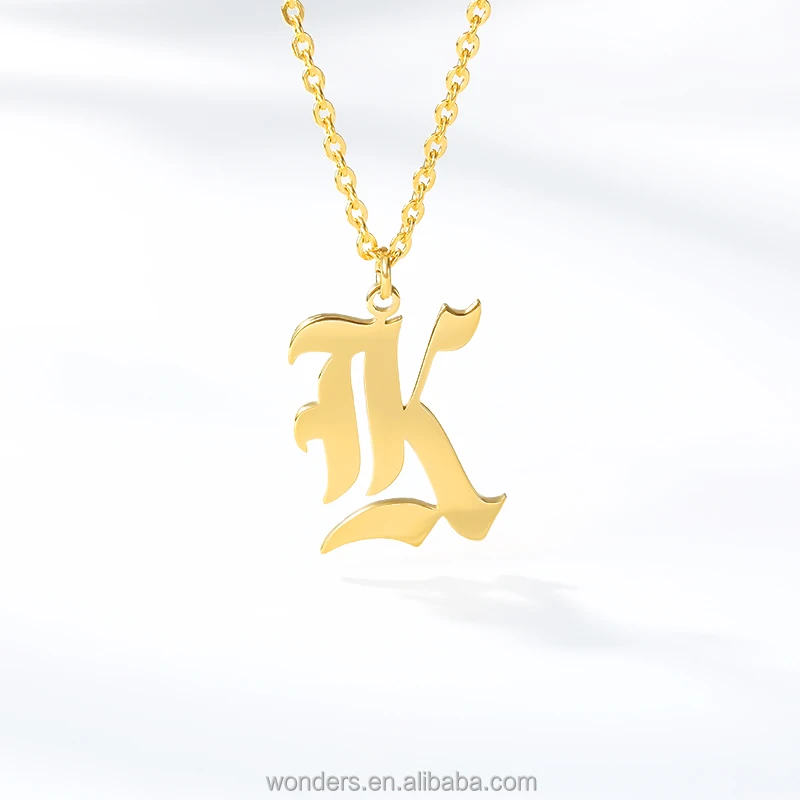 Old English Link Chain Initial Letter Pendant Necklace Gold Plated Stainless Steel Necklace For Women Men