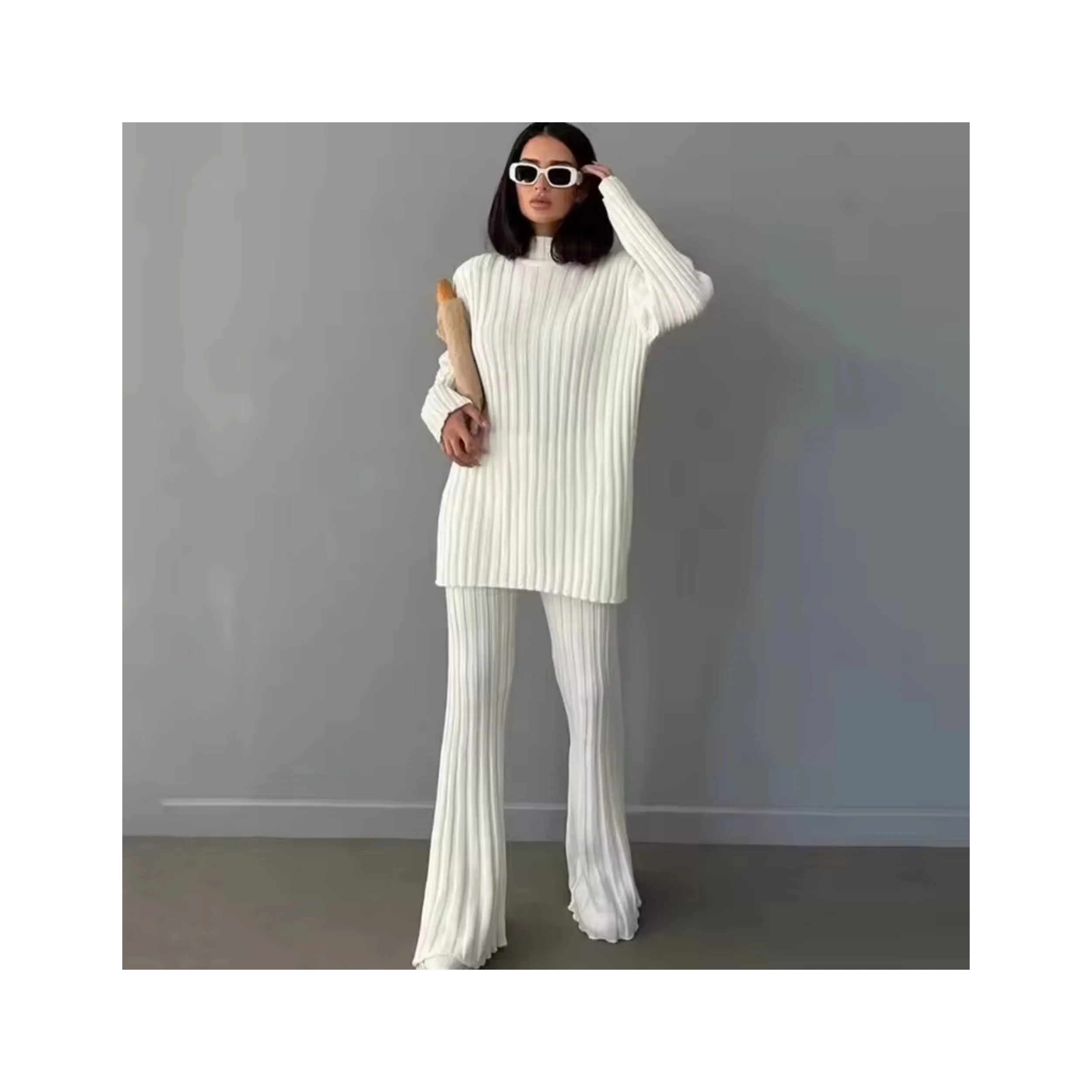 New Casual Loose Classic Warm Thick Knit Straight Ankle Length Wide Leg Women Long Pants set 2 piece wool kitted set
