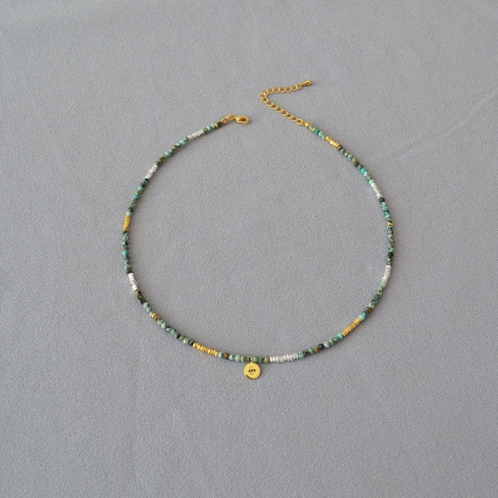 Vintage Turquoise Crushed Silver Beaded Necklace Personalized Turkish Eyes Brass Coin Pendant Stacking Necklace