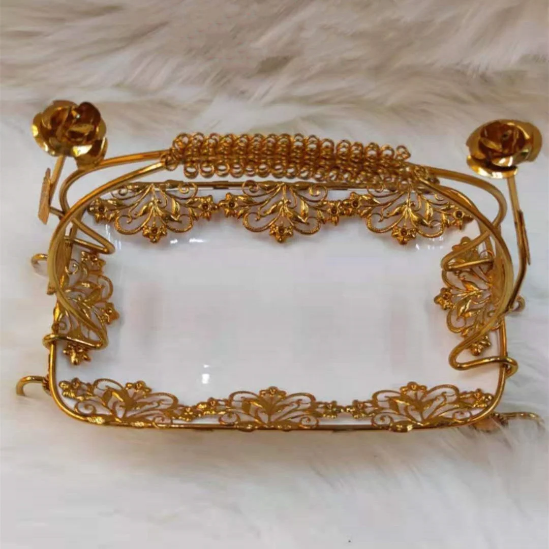 Ceramic and Metal Cake and Desert Stand 22x15cm Rectangle Golden Plated Fruit Plate Table Display Serving Tray