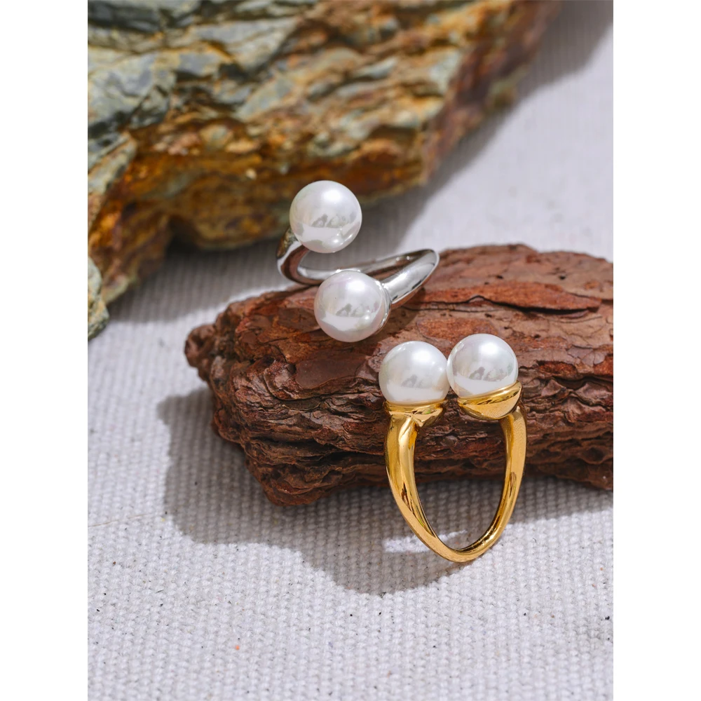 JINYOU 4483 New Arrival Double Simulated Pearls Open Ring Exquisite Stainless Steel Open Adjustable Ring for Women Jewelry Gift