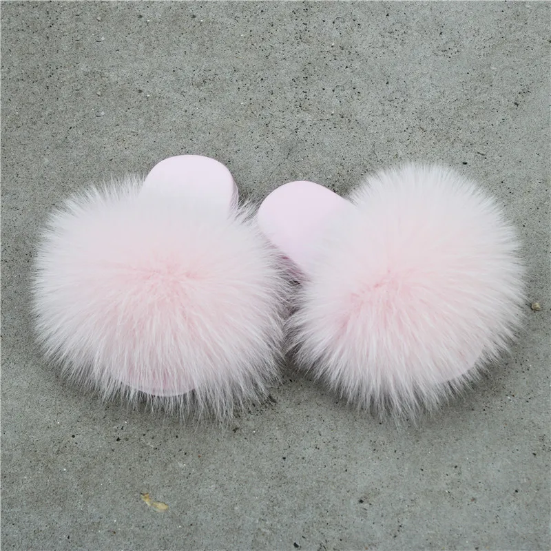 Factory wholesale non slip fur slides kids rainbow fur slippers little girls kids fox fur slippers