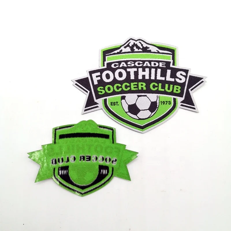 Low MOQ iron on woven label patches for football club sports wear