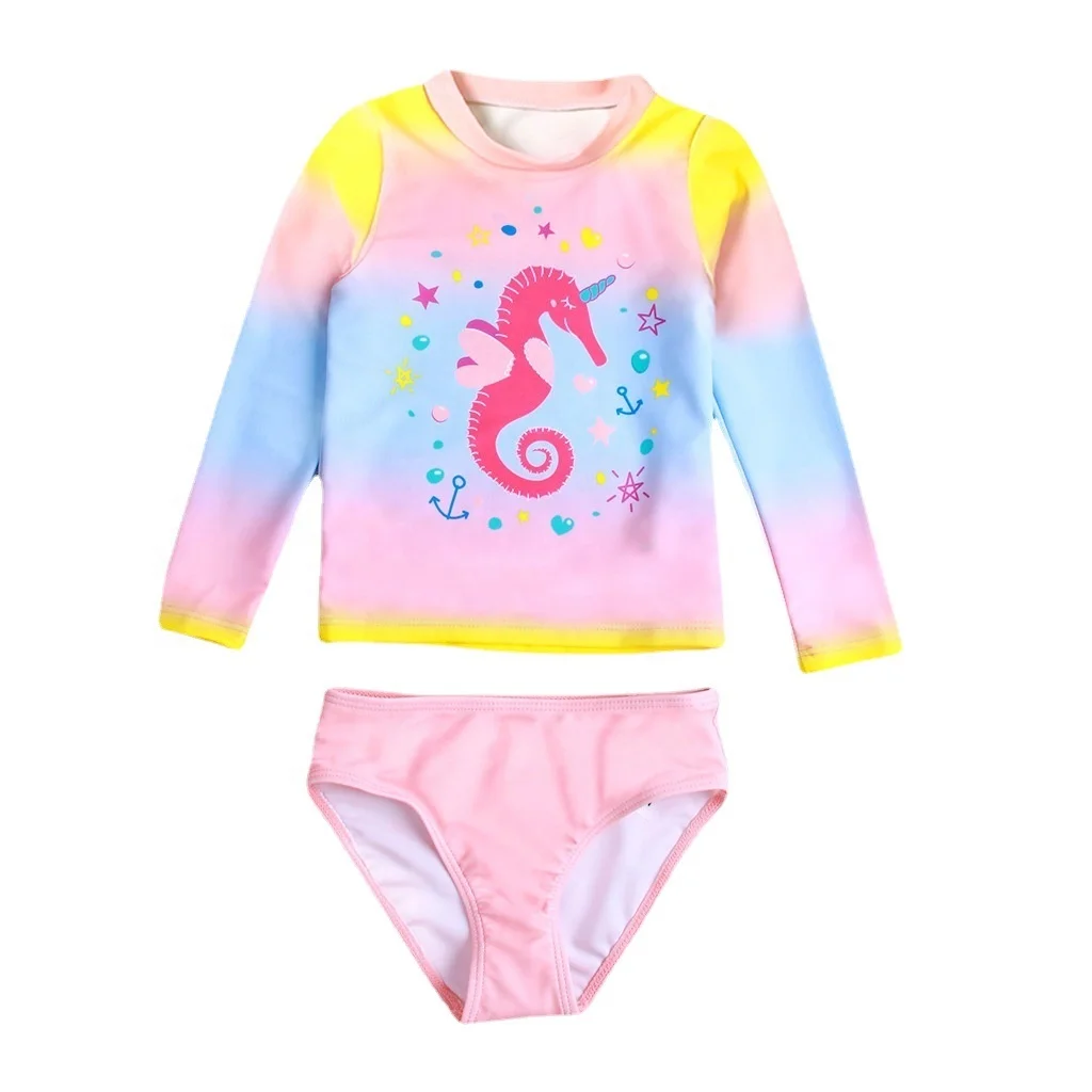 LIGHTSUIT Custom Color Gradient Baby Girl Two Piece Tankini Swimsuit Long Sleeve Kids Children Swimwear Quick-drying Beachwear