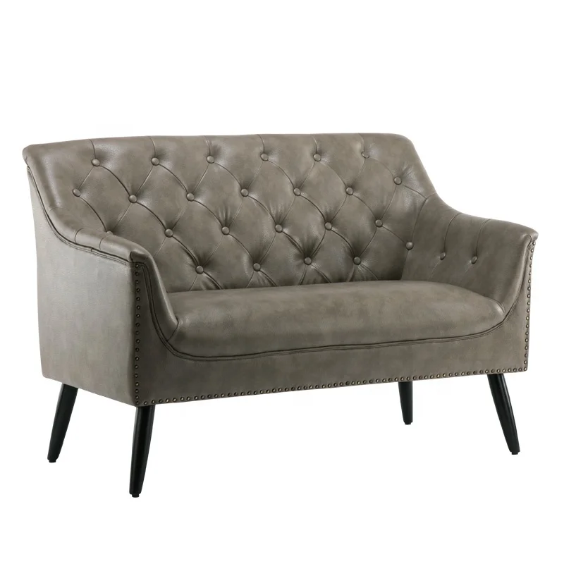 
American style pu leather grey upholstered nailhead living room sofas love seat 