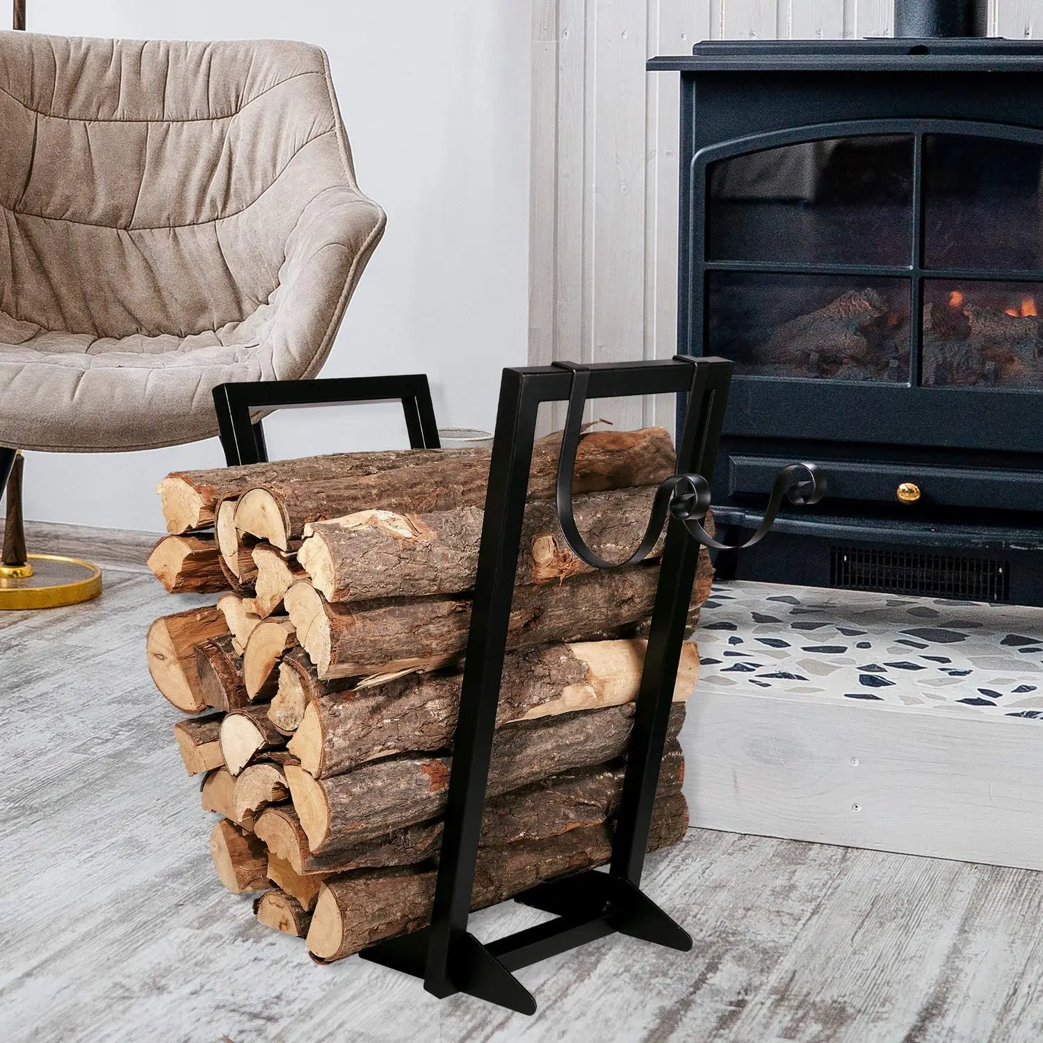 Firewood Holder 22 Inch Black Heavy Duty inner door Metal Firewood Rack with Kindling Holder