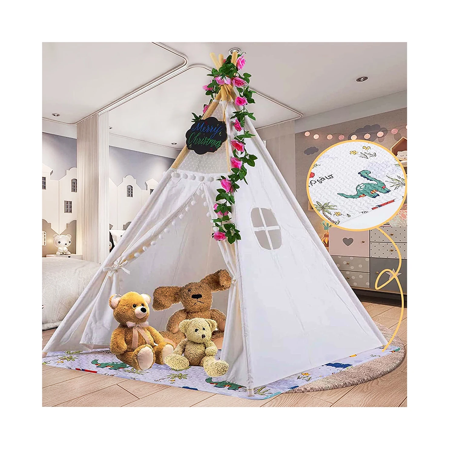 Teepee Tent for Kids with Carry Case Natural Canvas Teepee Play Tent Toys for Girls/Boys Indoor & Outdoor Playing (White Teepee