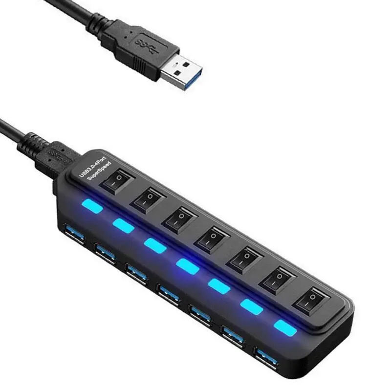 Прямая поставка от производителя Мощный Usb-концентратор с 7 портами 3 0 индивидуальными светодиодными переключателями