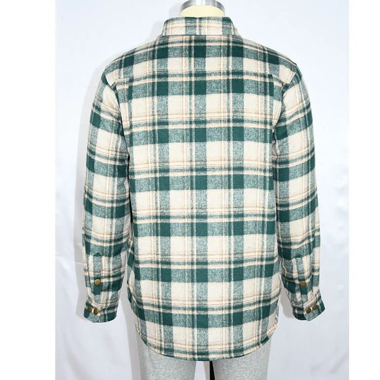 MENS HEAVY WINTER SHIRT IN HEAVY WOVEN POLY WOOL FLANNEL AND LINED UP WITH SOFT SHERPA  GREEN GEIGE PLAID