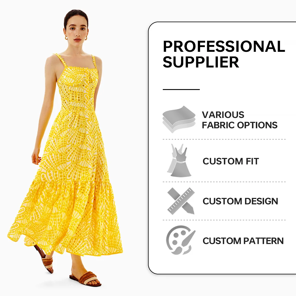 Women Summer Yellow Long Holiday Vacation Maxi Embroidered Dress For Women