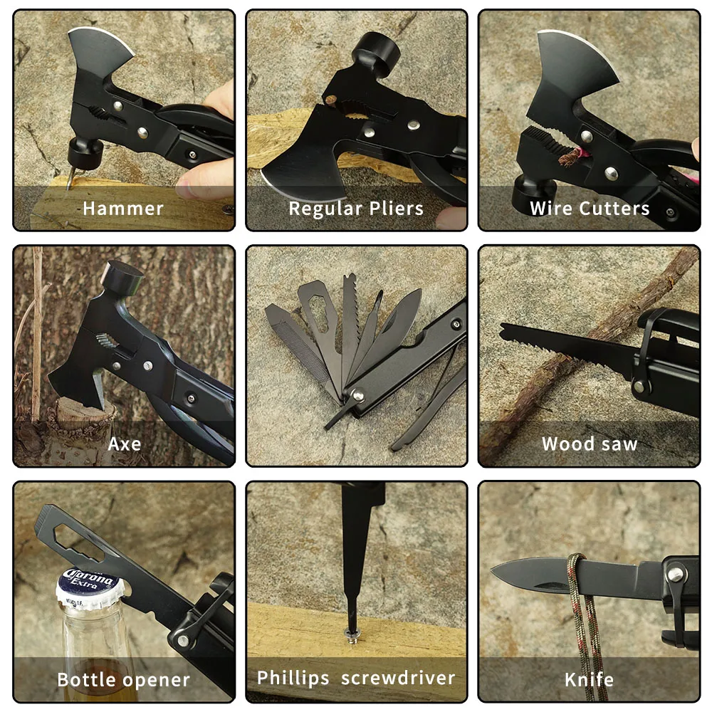 Multi Axe Tool 18 in 1 Camping multitool Survival emergency hammer with axe for  Hiking Outdoor Household Black