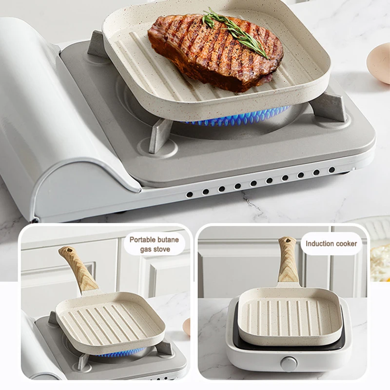 Light Weight 18cm Kitchen Cookware Breakfast Fry Pan Aluminium Square Shape Nonstick Stripe Steak Frying Pan