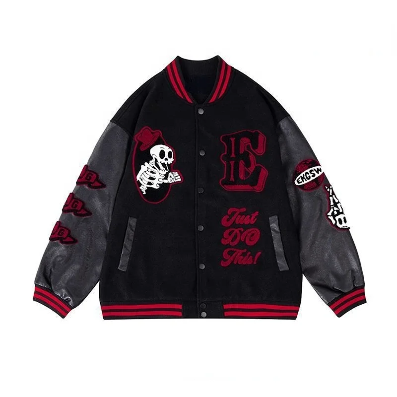 Custom Design Skull Embroidery Fashion Jackets Women Retro Patchwork Knitting Baseball High Street Jacket