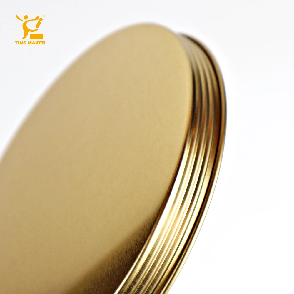 Eco friendly custom seamless print round metal box tin can 4oz gold black food grade candy tea aluminum tins
