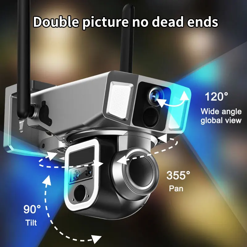 Pro Solar Powered Surveillance Security PTZ CCTV Camera Dual Lens Wireless Outdoor WiFi 4G Sim Card Solar Camera no head ends