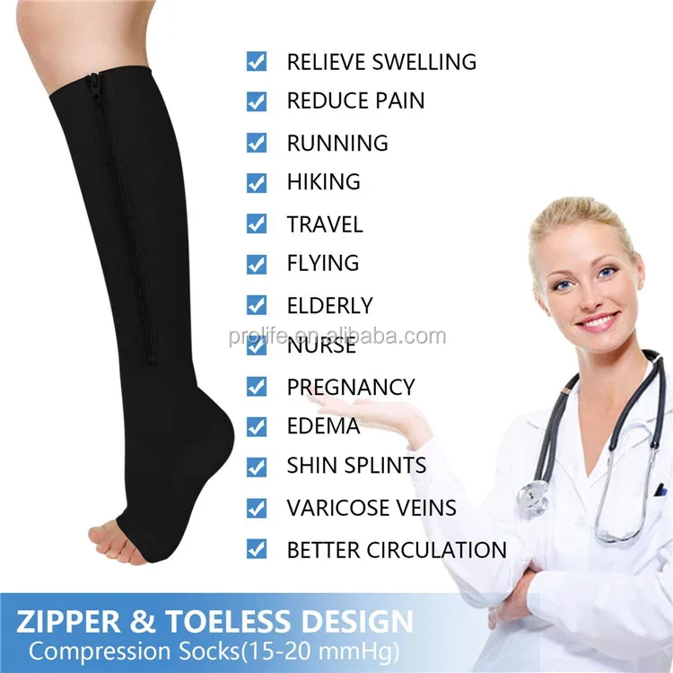 
ProLife Medical Knee-high Open Toe Compression Socks Zipper 20-30mmHg 