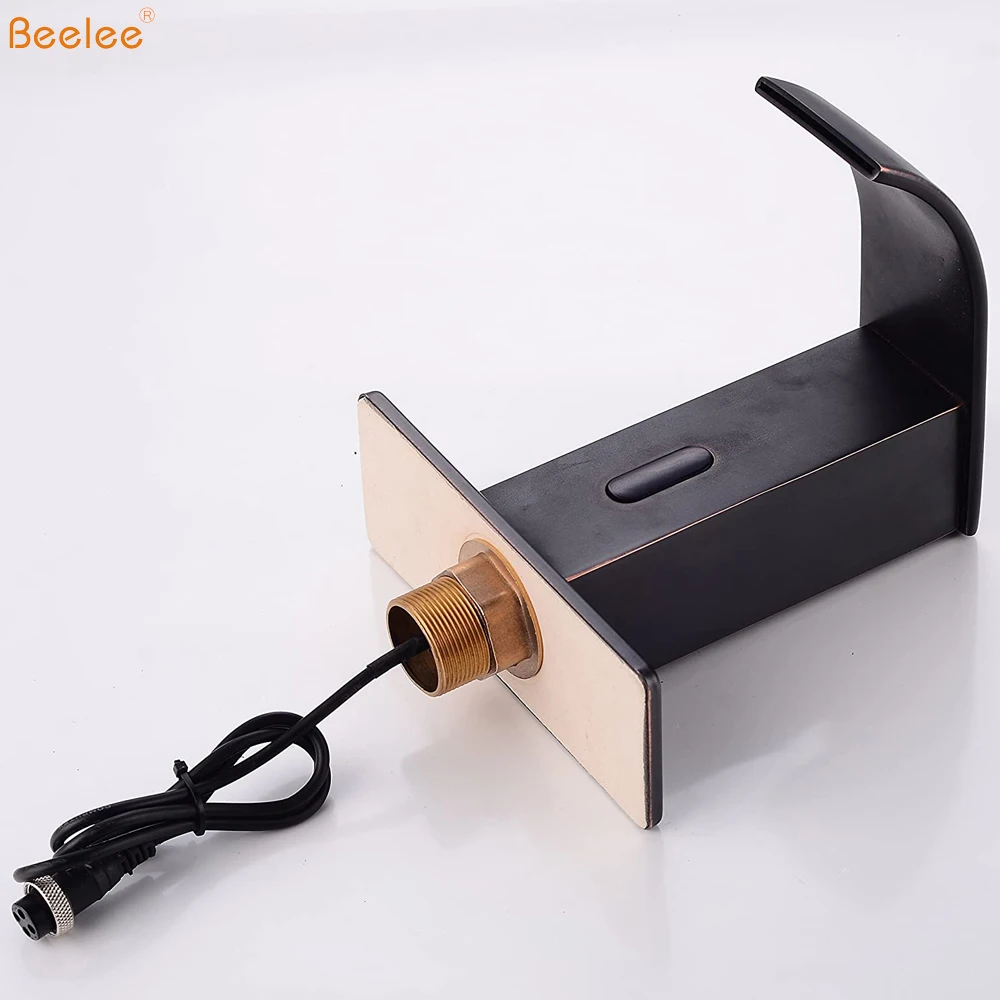 Beelee Oil Rubbed Bronze Auto Electronic Touchless Sensor Waterfall Bathroom Sink Vessel Faucet With Hole Cover Deck Plate